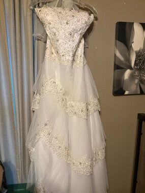 Strapless White Beaded Lace Tiered Bridal Gown